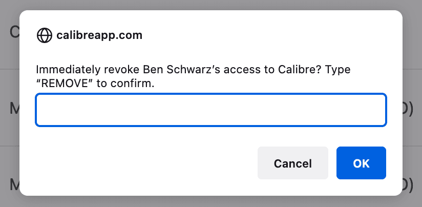 Confirm user account deletion by typing the person’s name.