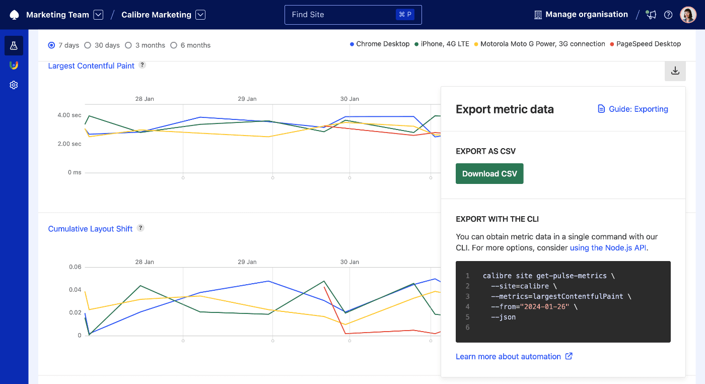 Export all historical metric data in CSV