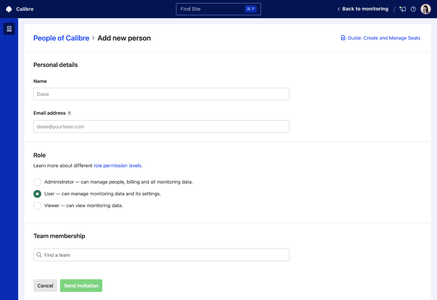 Invite a person to your organisation by providing their name, email and role.