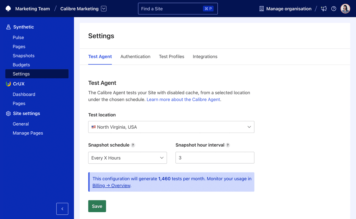 Test Agent schedule settings showing how often your Site will be tested.