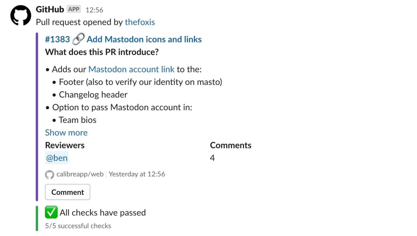 Notification in Calibre’s feed-github channel notifying of a new Pull Request up for review
