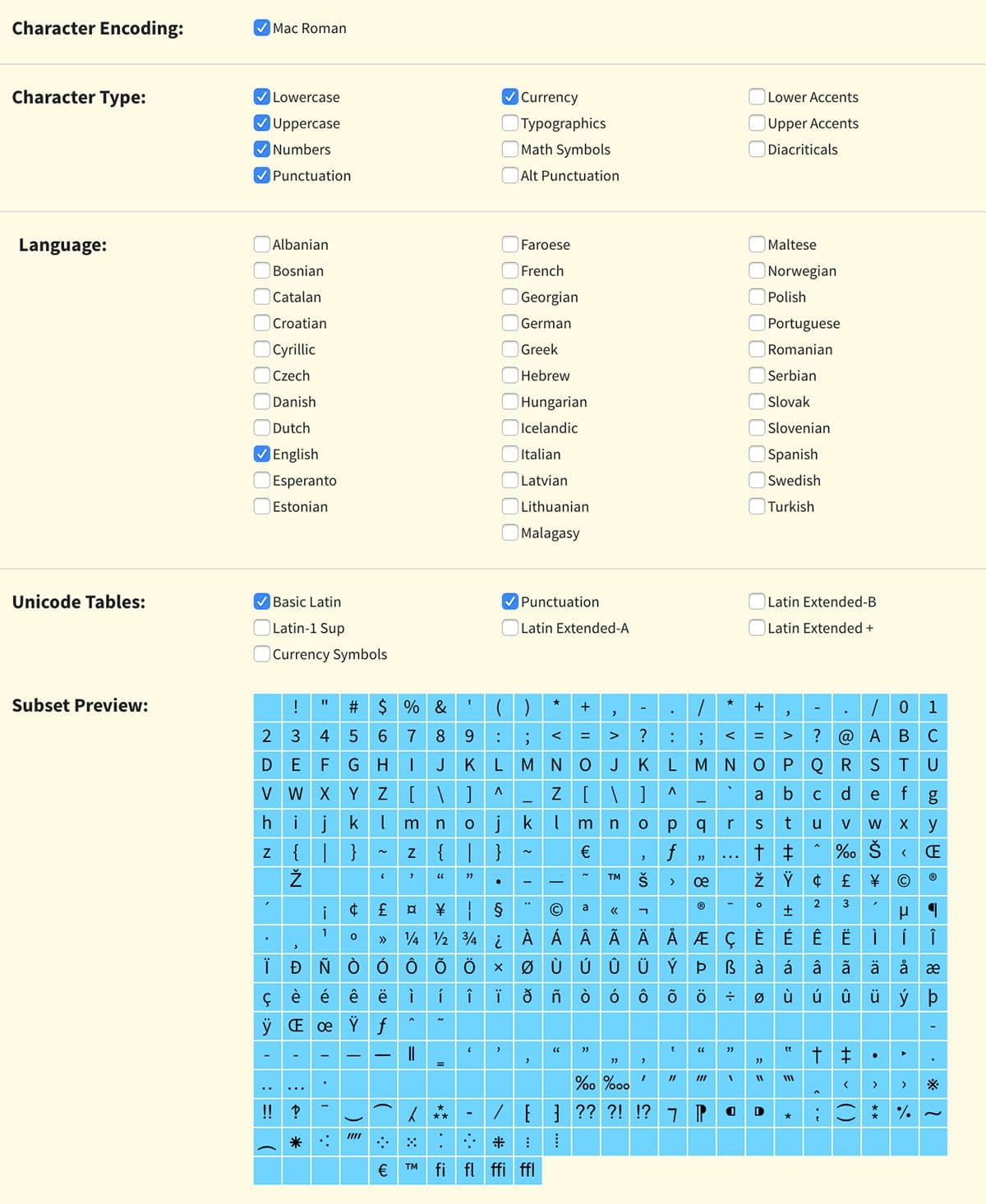 A preview of Font Squirrel’s subsetting tool