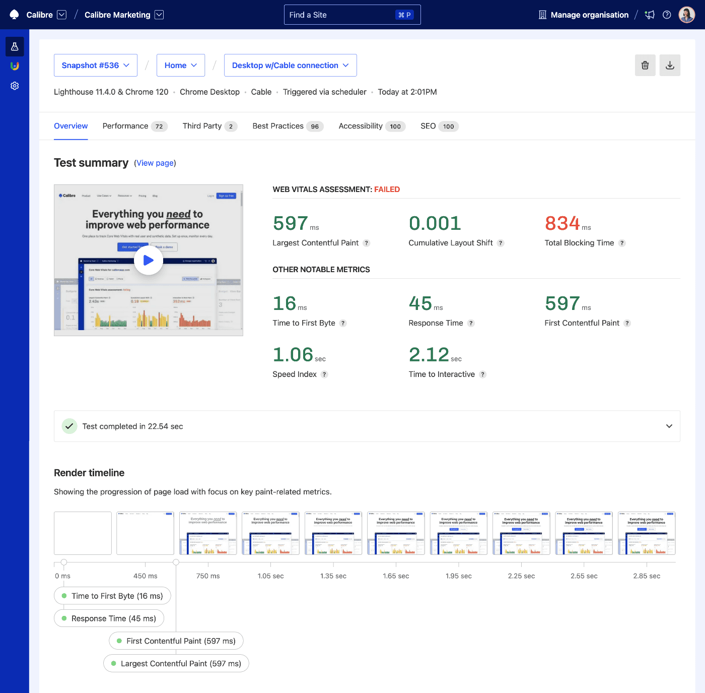 Calibre’s Snapshot page highlighting key speed metrics (like Web Vitals) and the progression of page rendering process.
