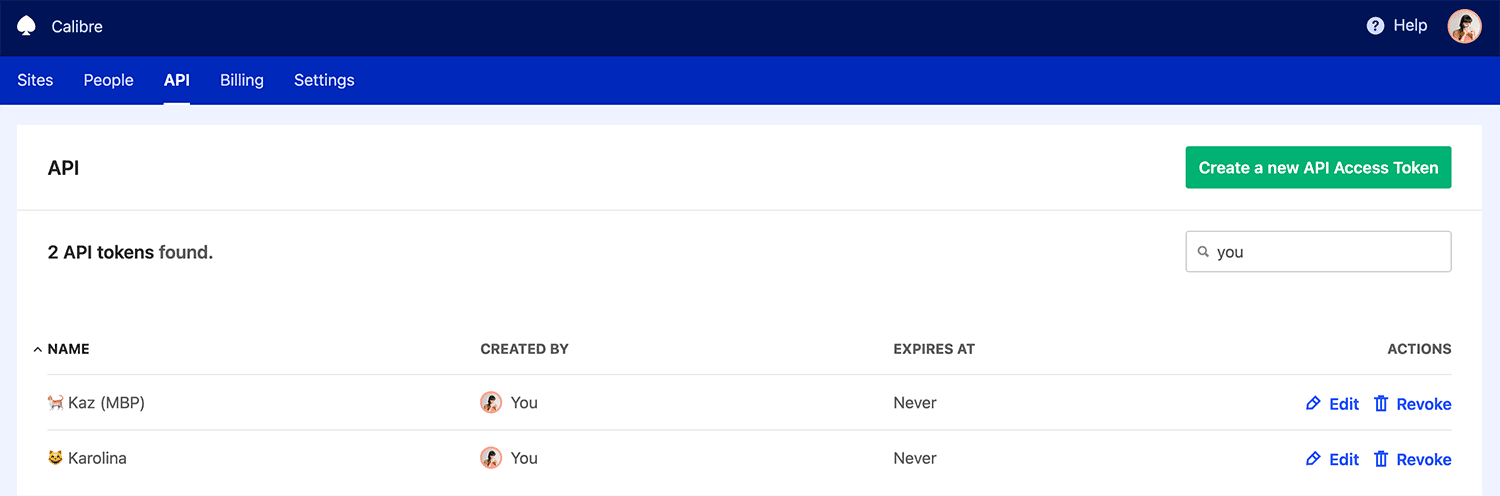 API tab showing a list of API tokens with their name, creator, expiry date and actions.