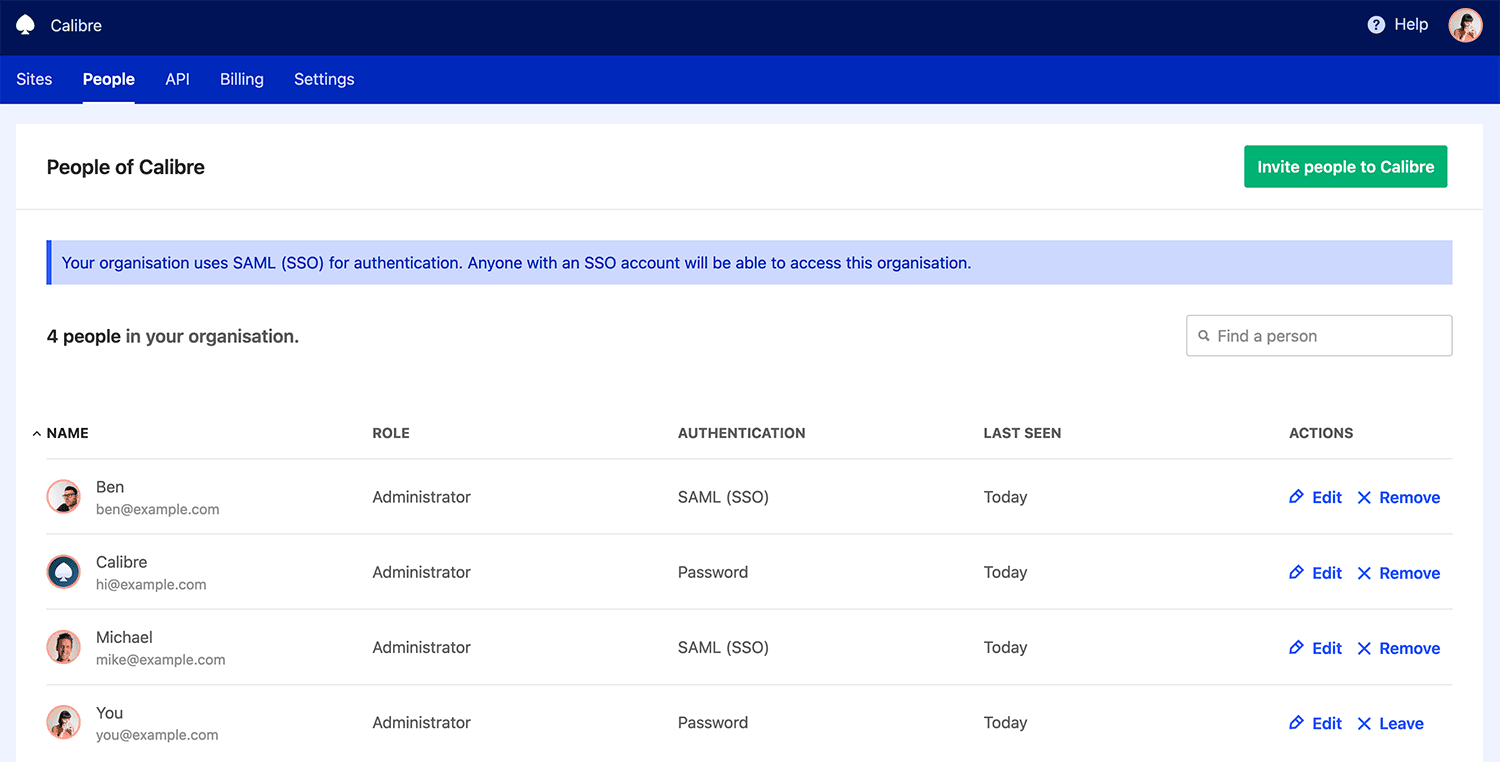 People tab showing a list of people in your organisation with their name, email, role, authentication method and last seen