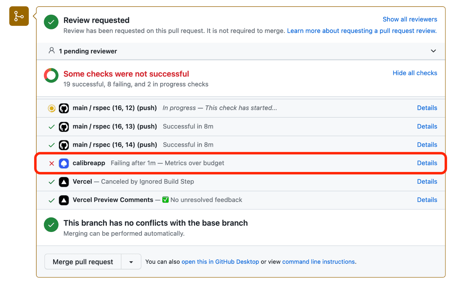 GitHub checks section showcasing Calibre's check failing due to metrics over budget.