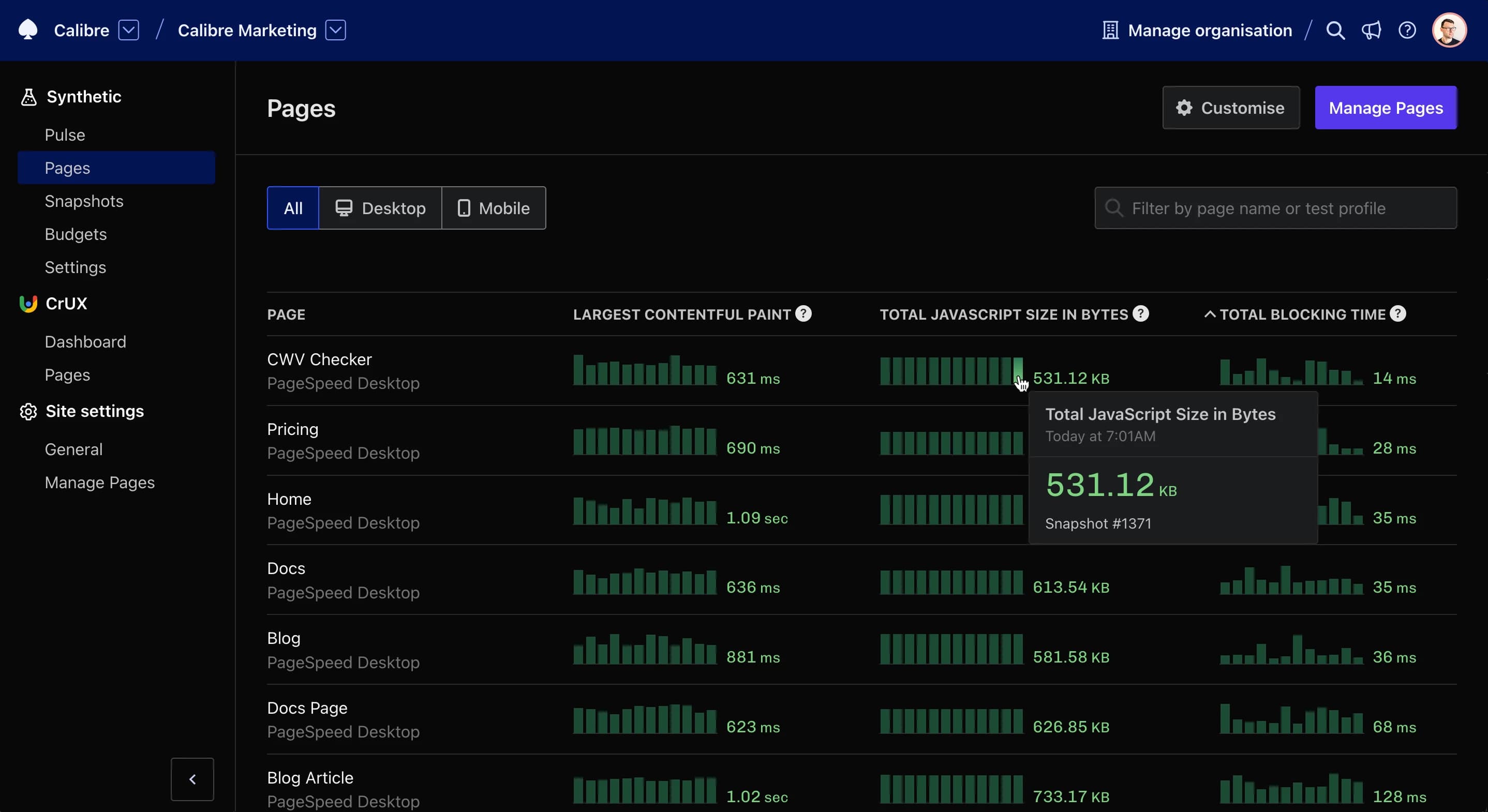 Displaying recent synthetic test results in Dark mode.