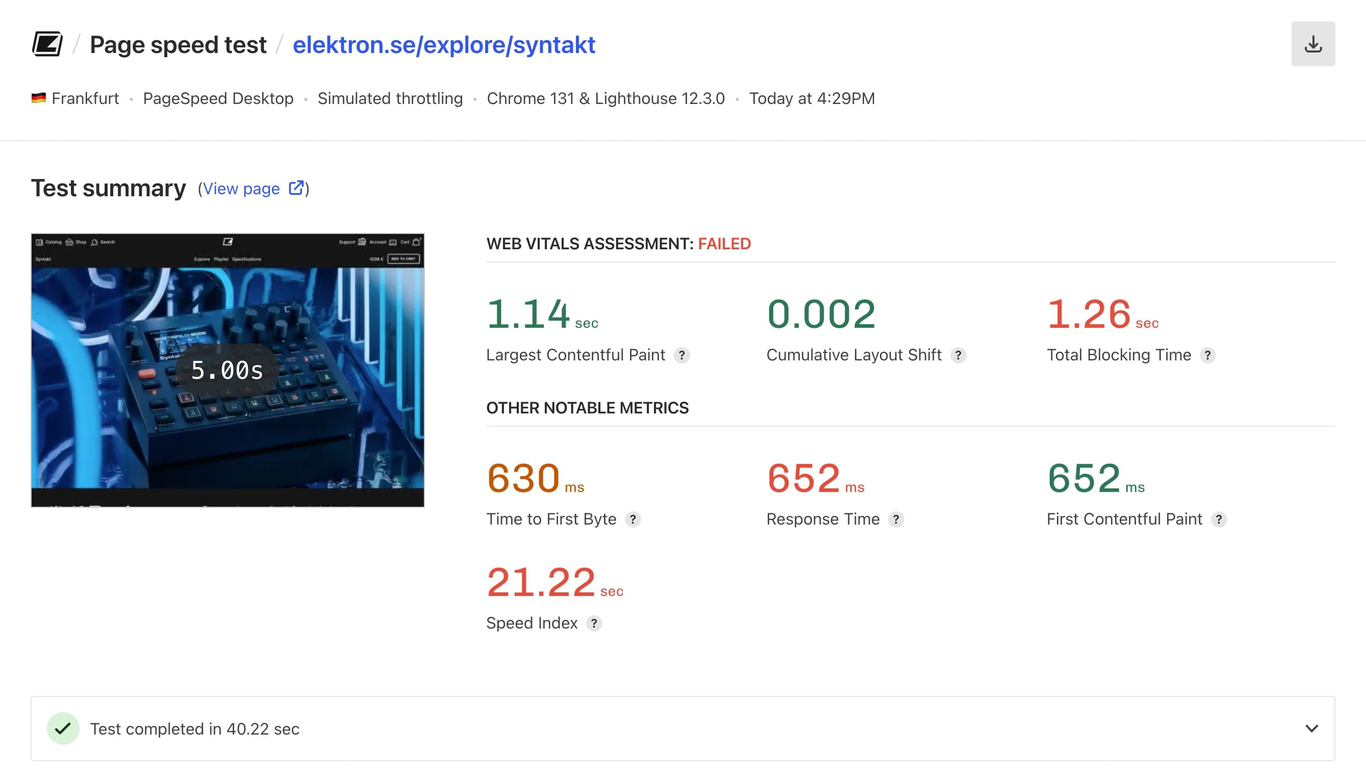 Screenshot: Page speed test for elektron.se. Largest Contentful Paint was observed at 3.43 seconds.