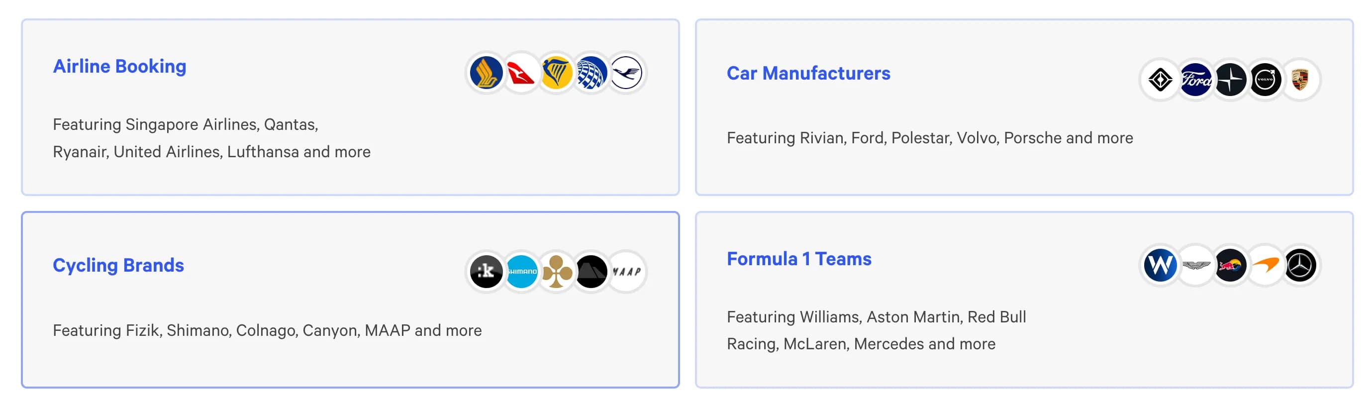 Screenshot: Leaderboards by industry sector: Airline Booking Engines, Car Manufacturers, Cycling Brands and Formula 1 teams.