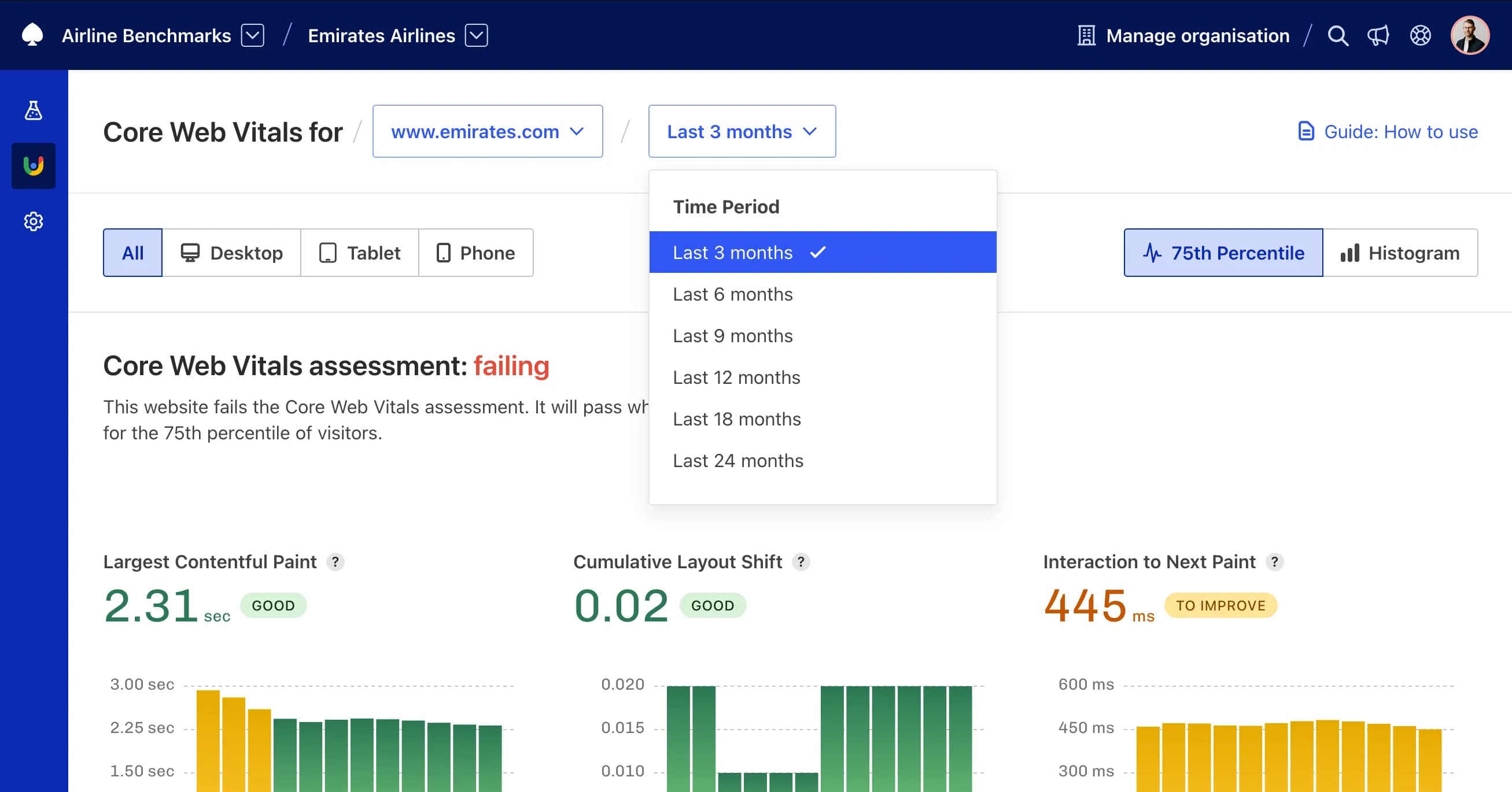 Screenshot: New date range filter in CrUX Dashboard.