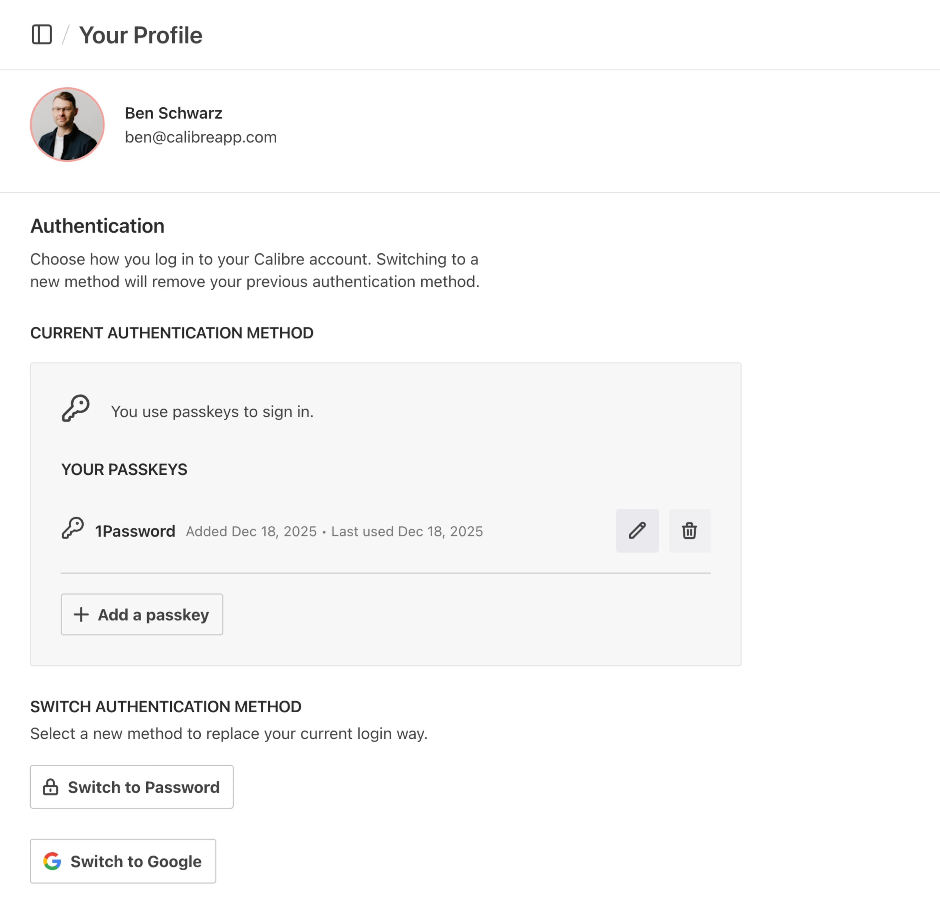 Passkey management interface showing registered passkeys