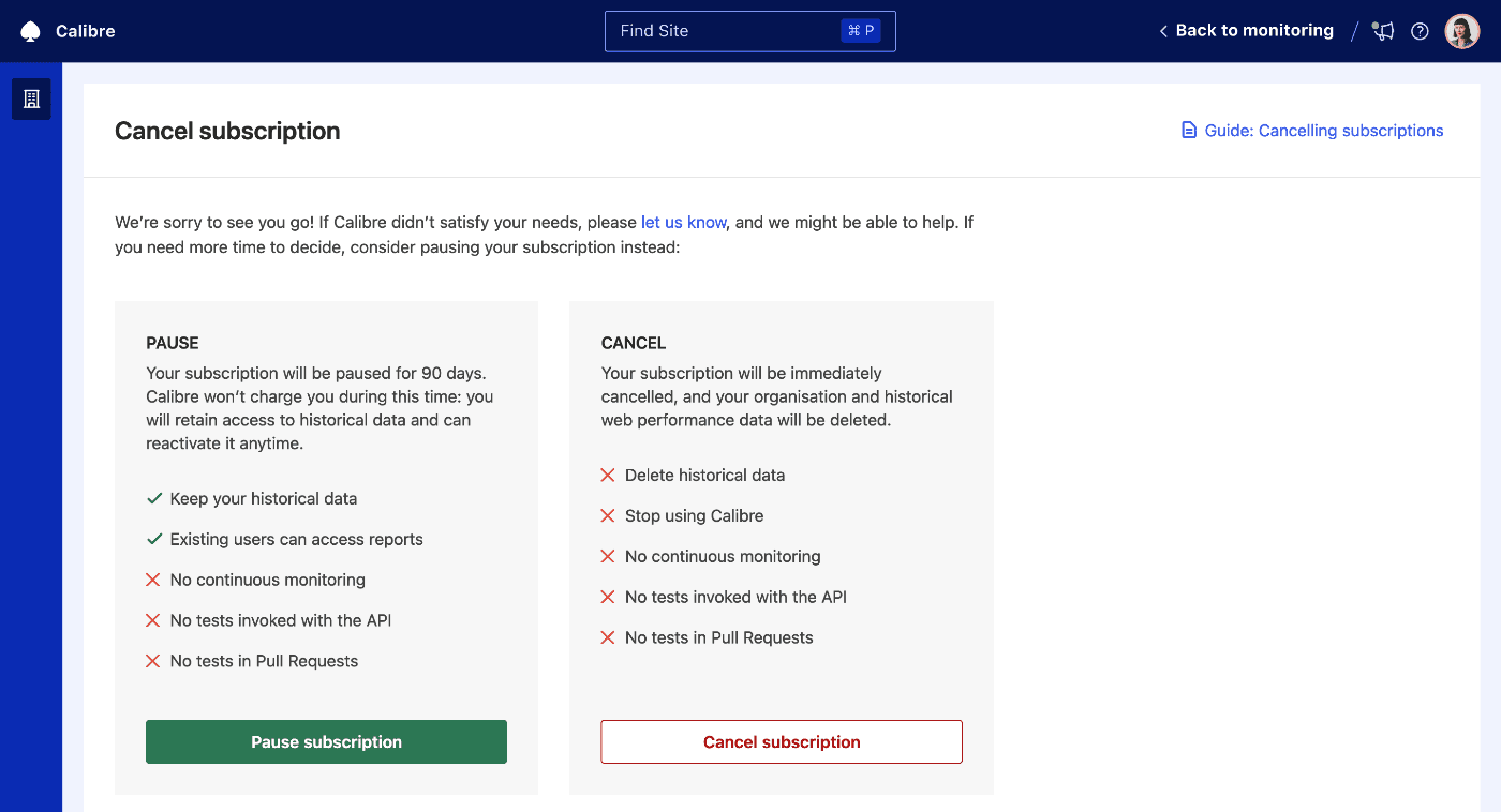 Confirmation screen when deleting your organisation and cancelling the subscription.
