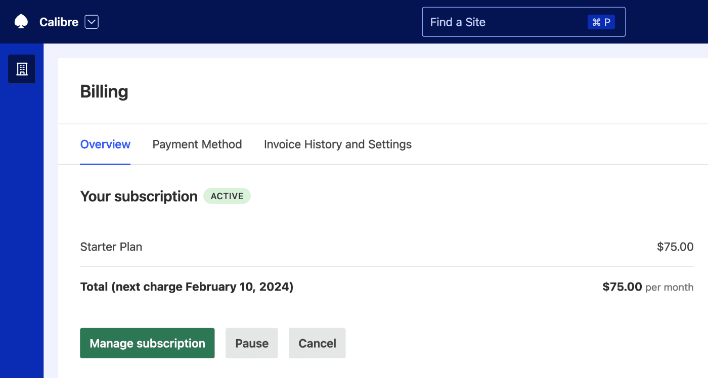 Billing page with subscription overview, outlining current and upcoming charges