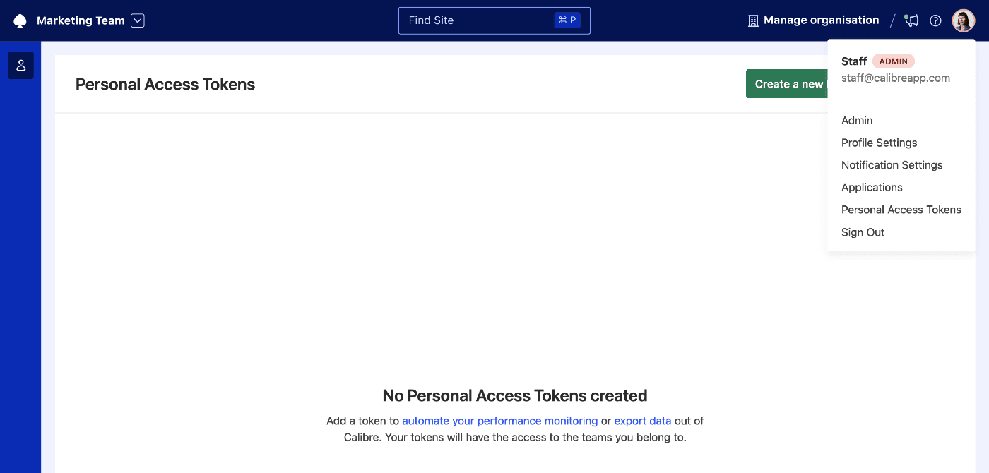 Accessing the Personal Access Token page