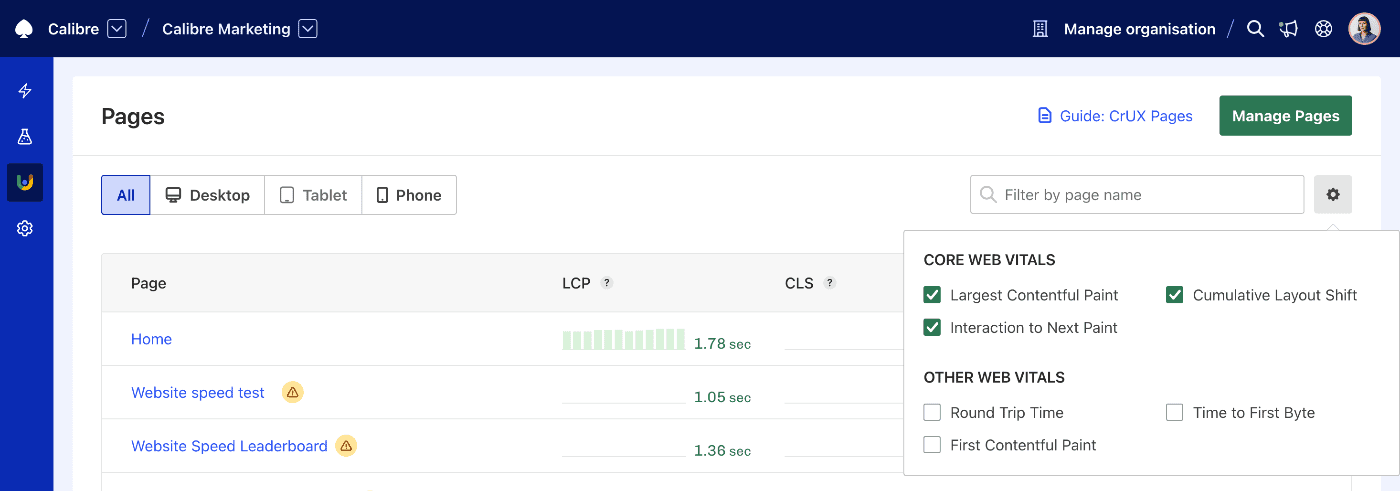 Screenshot of the CrUX Pages Leaderboard customisation popover