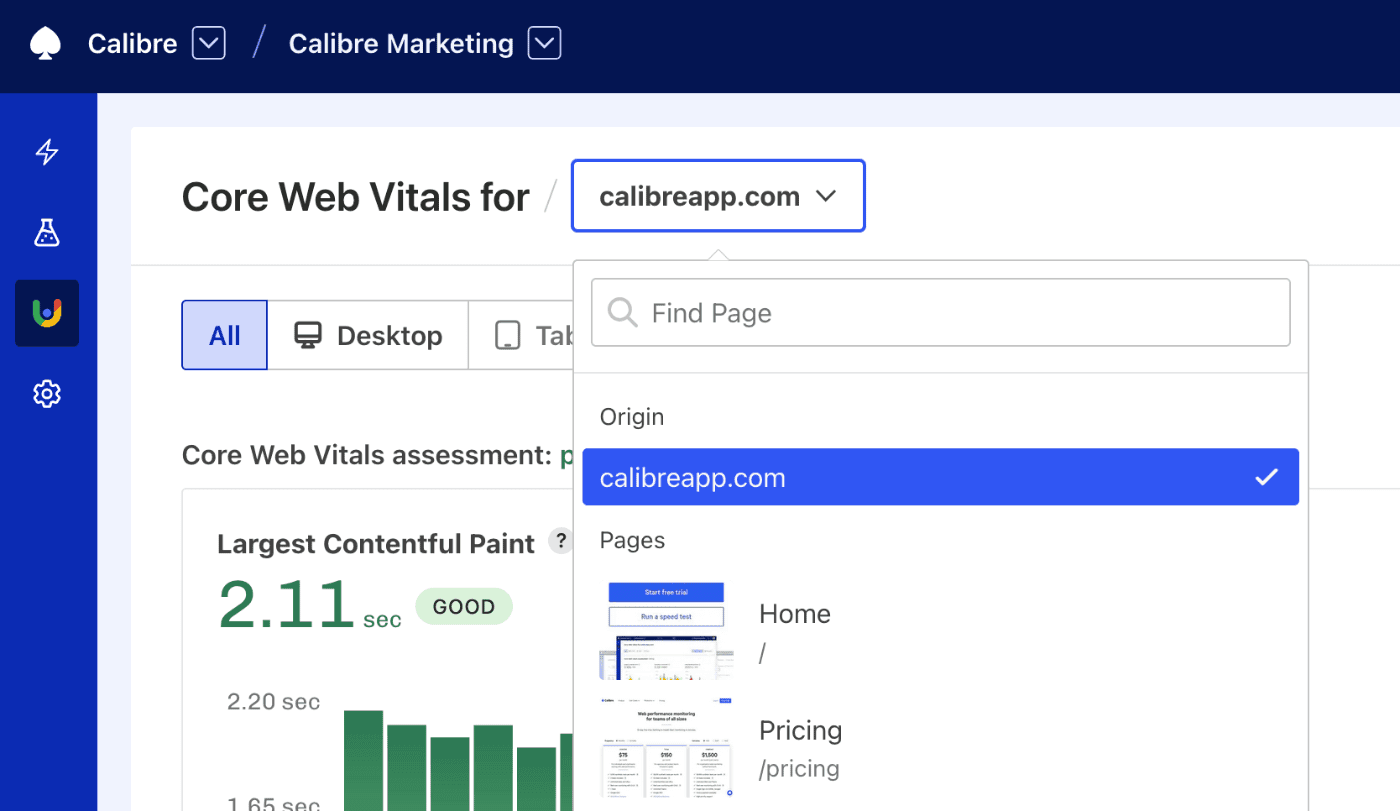 Screenshot of the expanded Origin/Page Dropdown on Calibre's CrUX Dashboard, displaying options for an origin report or individual Page reports for the Home and Pricing pages