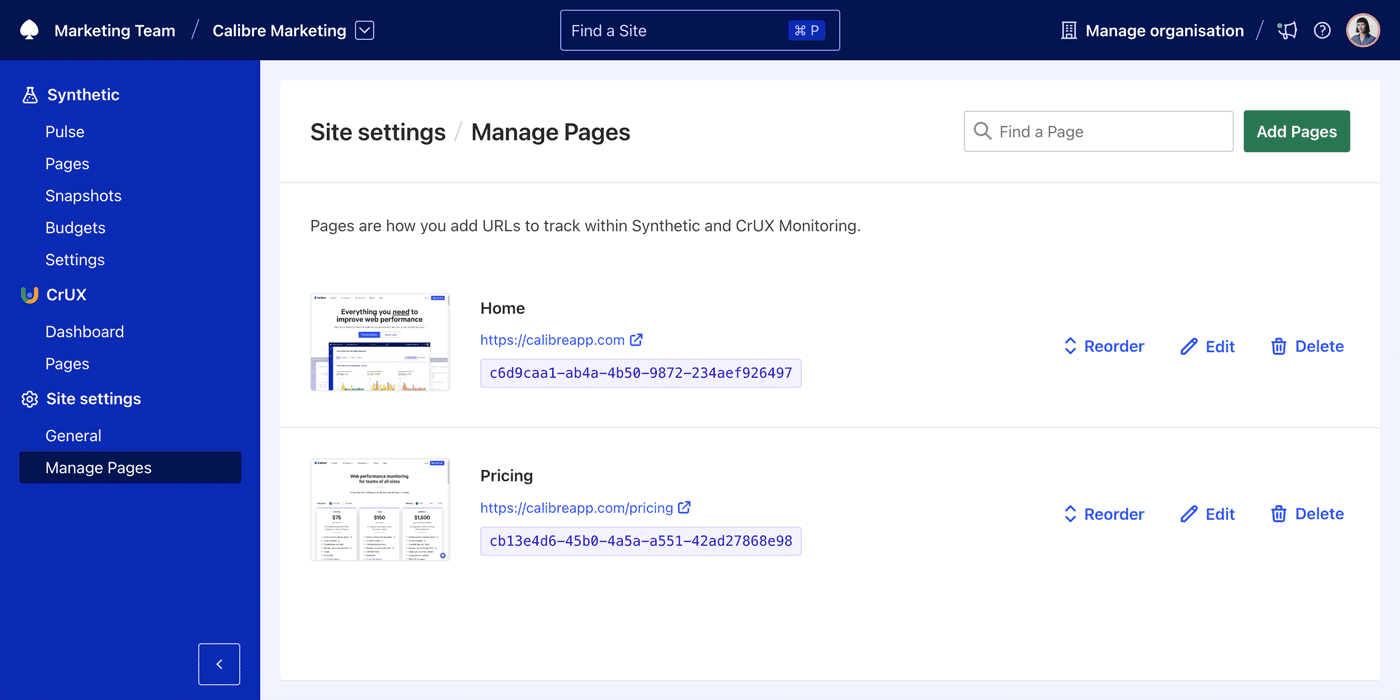 Screenshot of the Manage Pages section of Calibre App