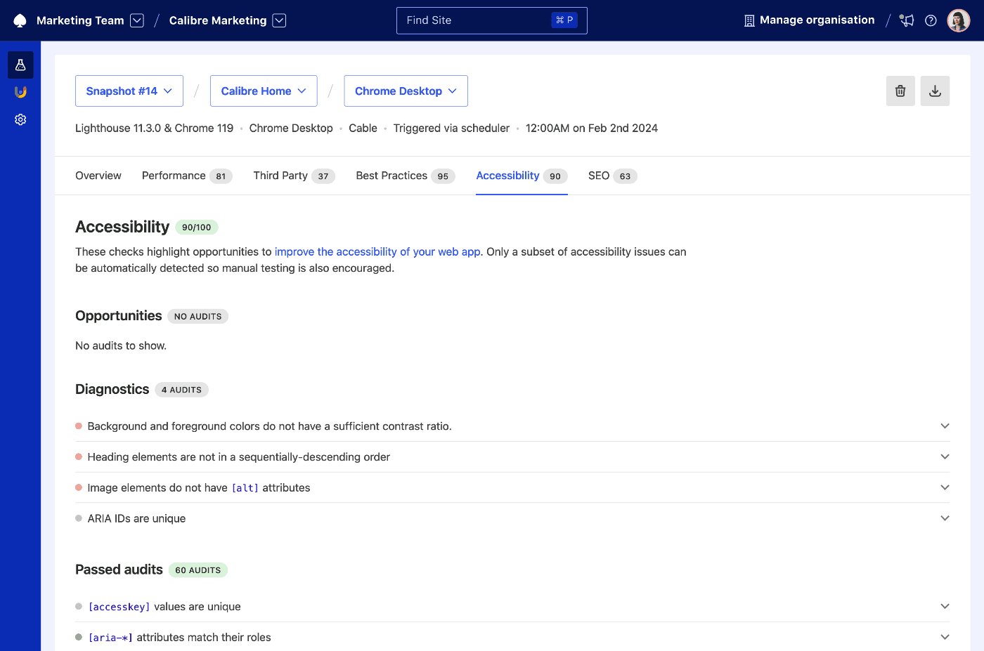 Acessibility Audits tab for a Snapshot showing a grade of 81 out of 100 and listing audits in three categories: opportunities, diagnostics and passed audits.