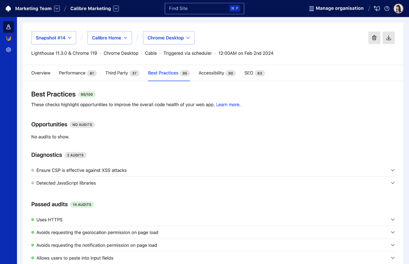 Best Practices Audits tab for a Snapshot showing a grade of 92 out of 100 and listing audits in three categories: opportunities, diagnostics and passed audits.