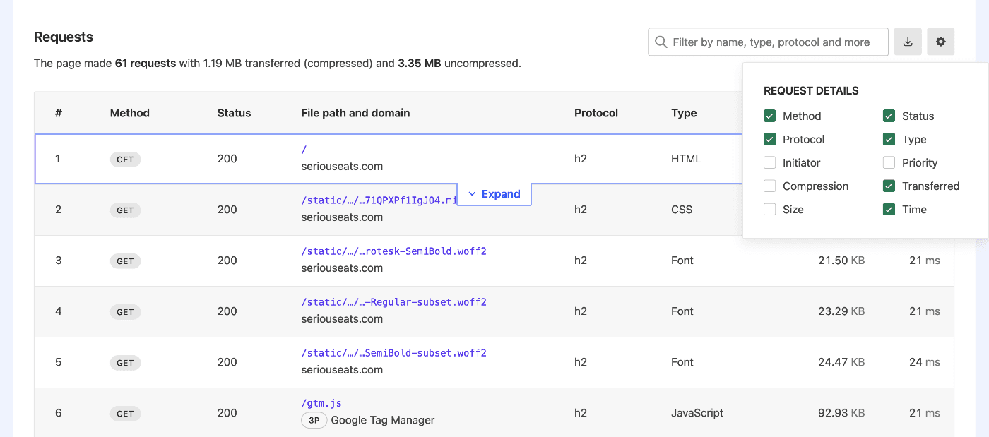 Request table showing an overlay with selected options of method, status, type, priority, transferred and time.