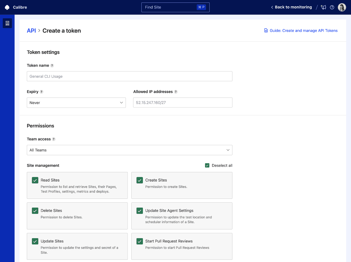 Creating an API Access Token with selected permissions