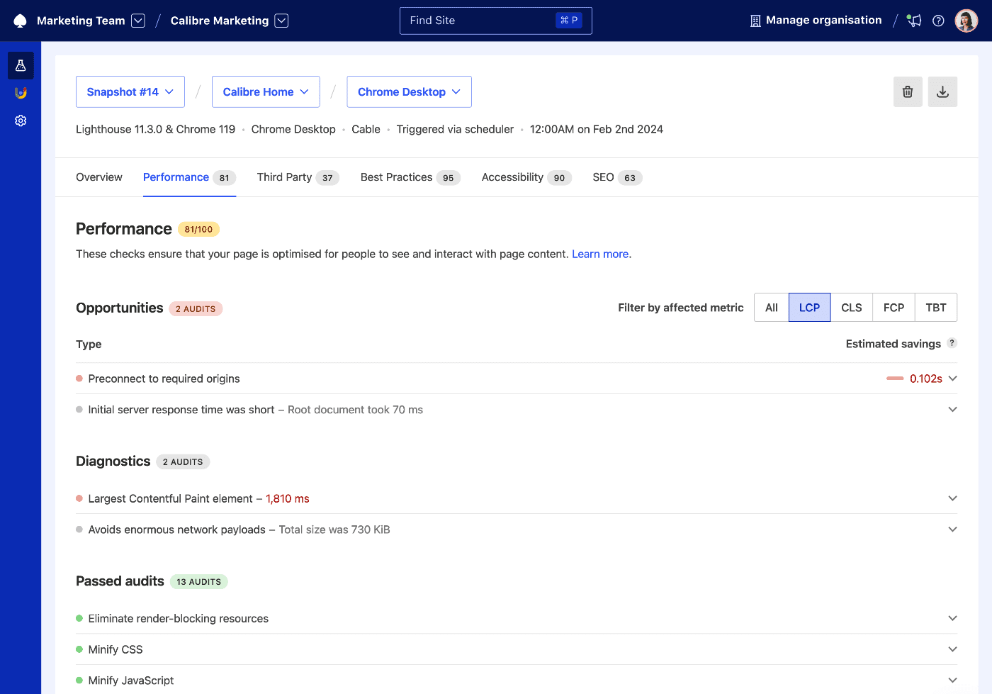 Performance Audits tab for a Snapshot showing a grade of 68 out of 100 and listing audits in three categories: opportunities, diagnostics and passed audits.