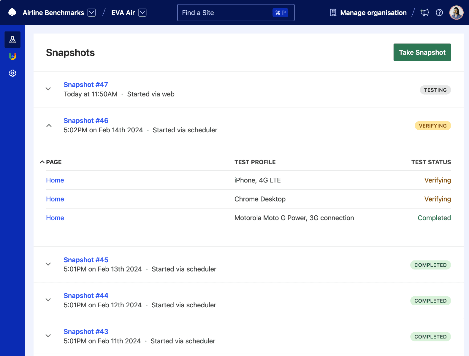Snapshot list showing the status of your speed tests and when they are checked by the verification engine