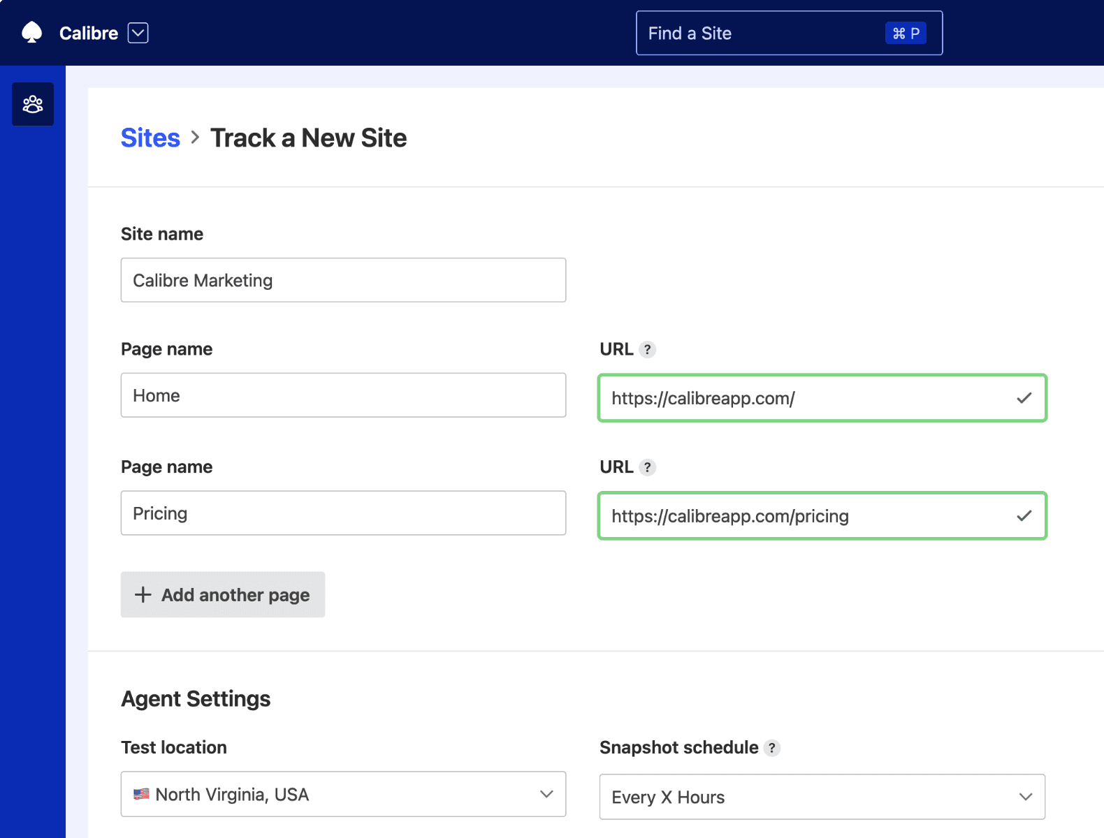 Adding a Site and choosing schedule and location of the performance test