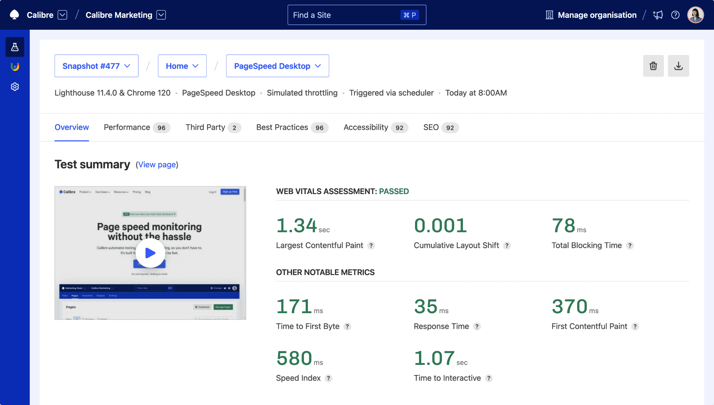 Overview of a single test showing speed metrics, scores and a render video
