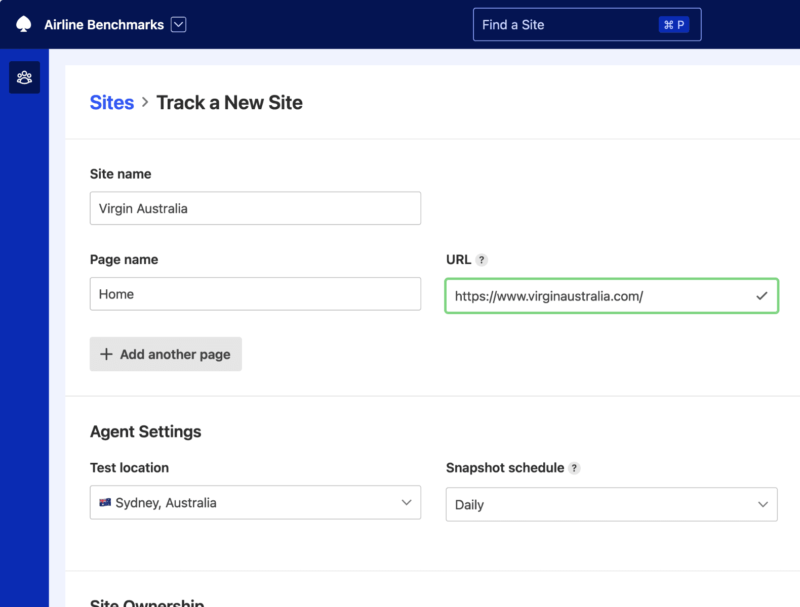 Adding a Site and selecting schedule for automatic site speed tests