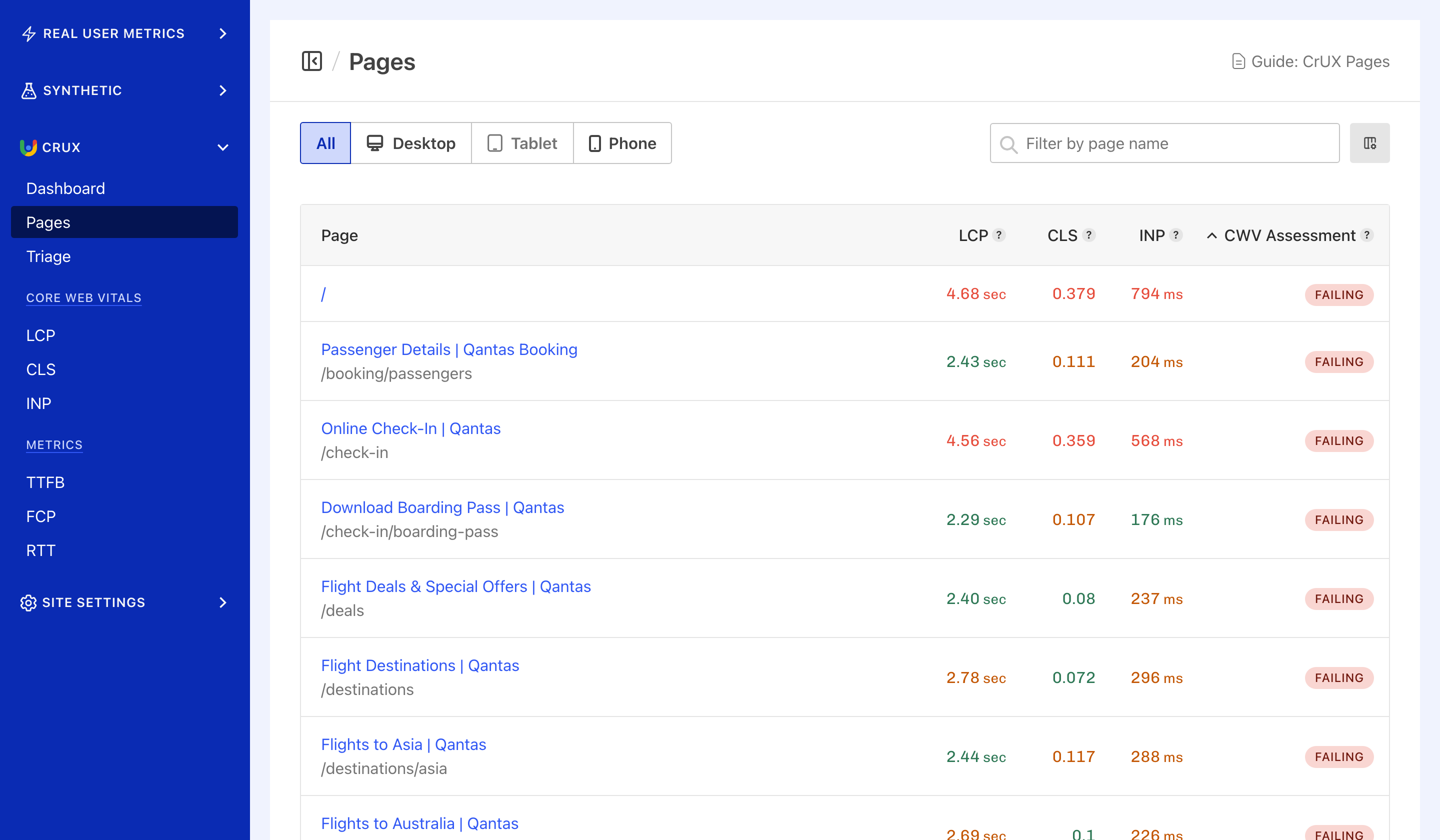 Viewing CrUX Pages Leaderboard.