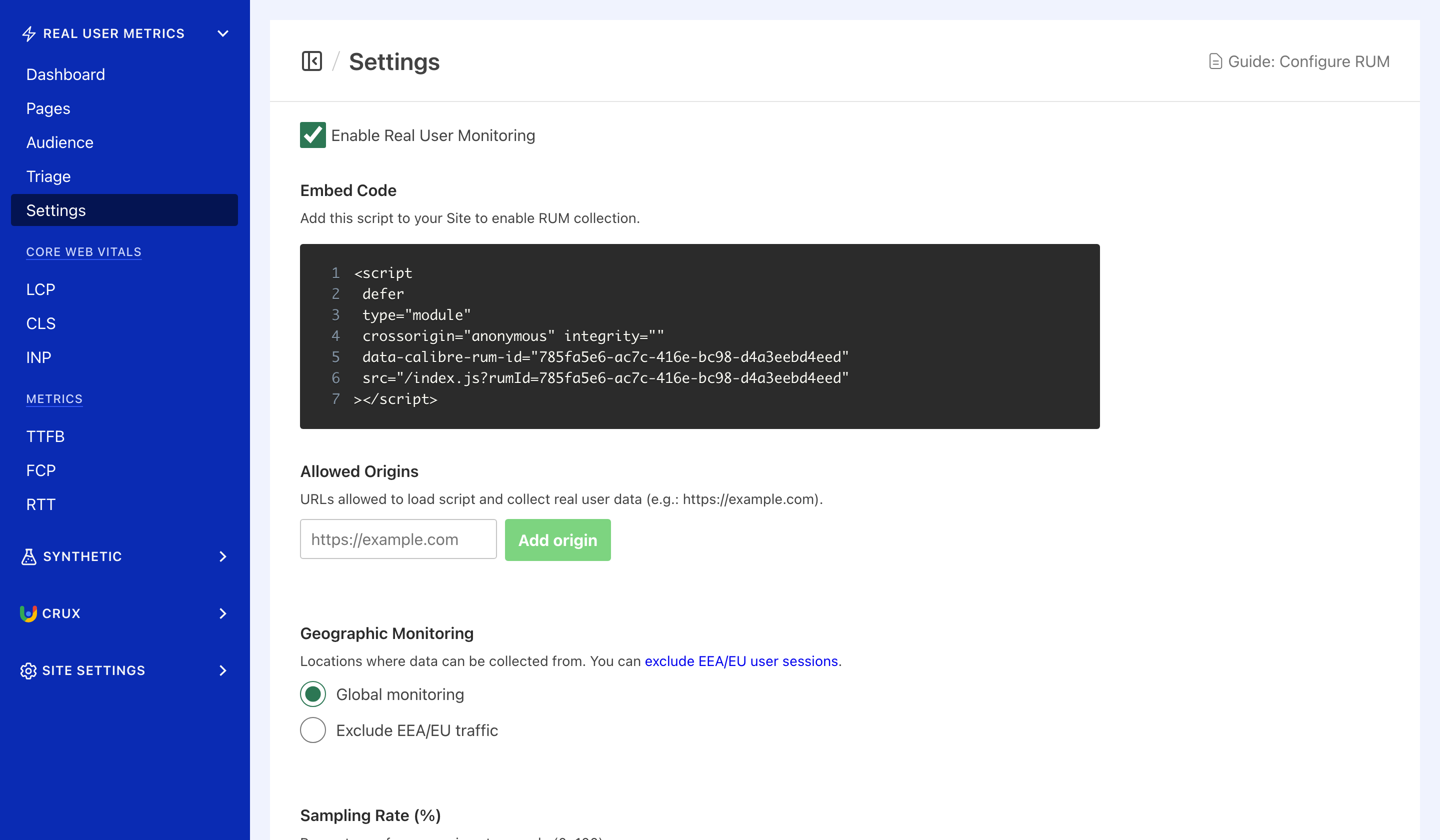 Enabling RUM for a site