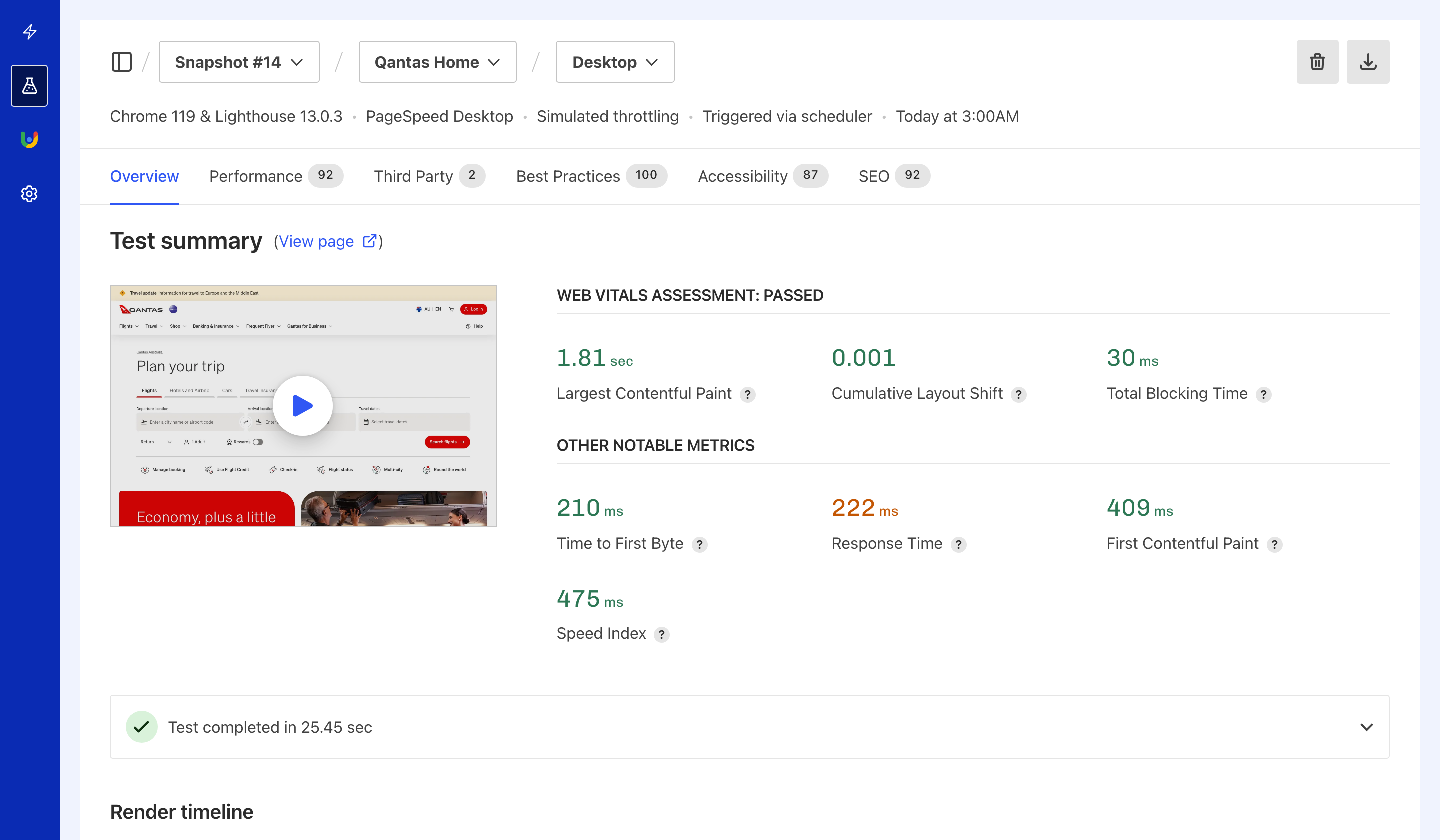 Calibre Snapshot Overview showing render timeline, Core Web Vitals metrics, and asset breakdown for a tested page.