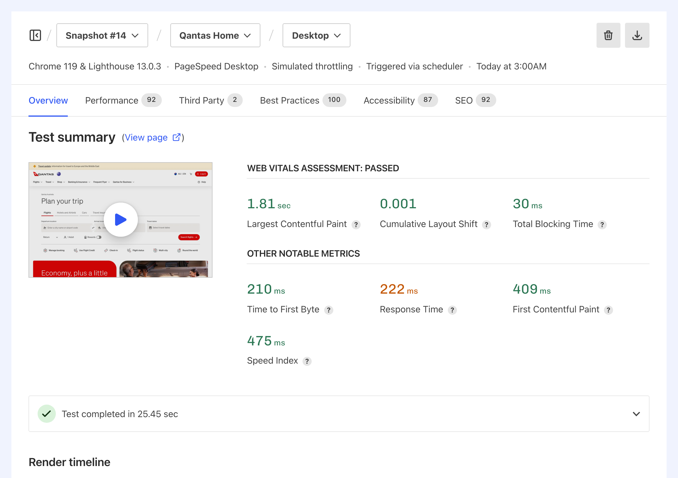 Calibre Synthetic Pulse dashboard showing scheduled test results with performance metrics over time