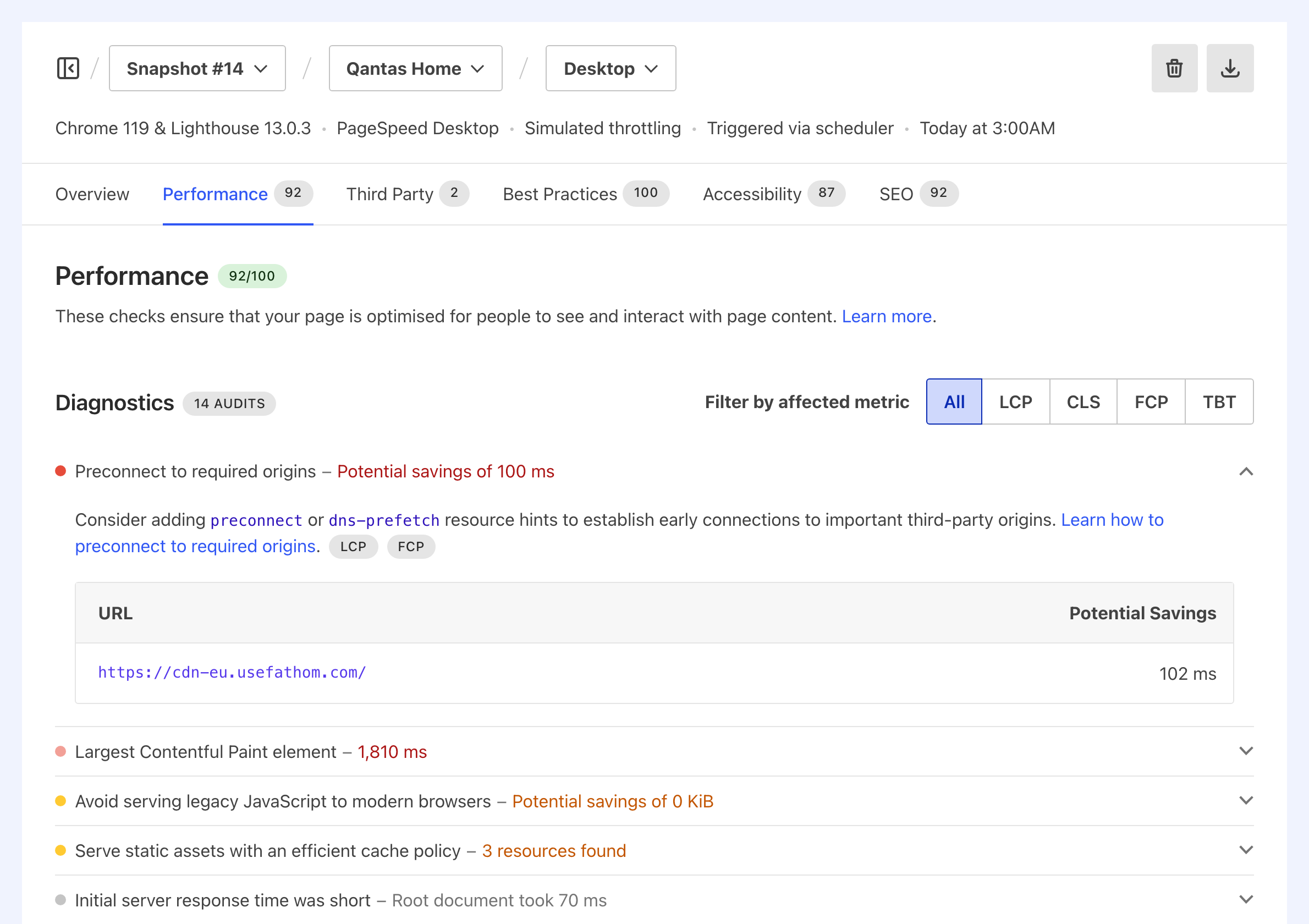 Performance audit details showing a table with additional information about the audit item.