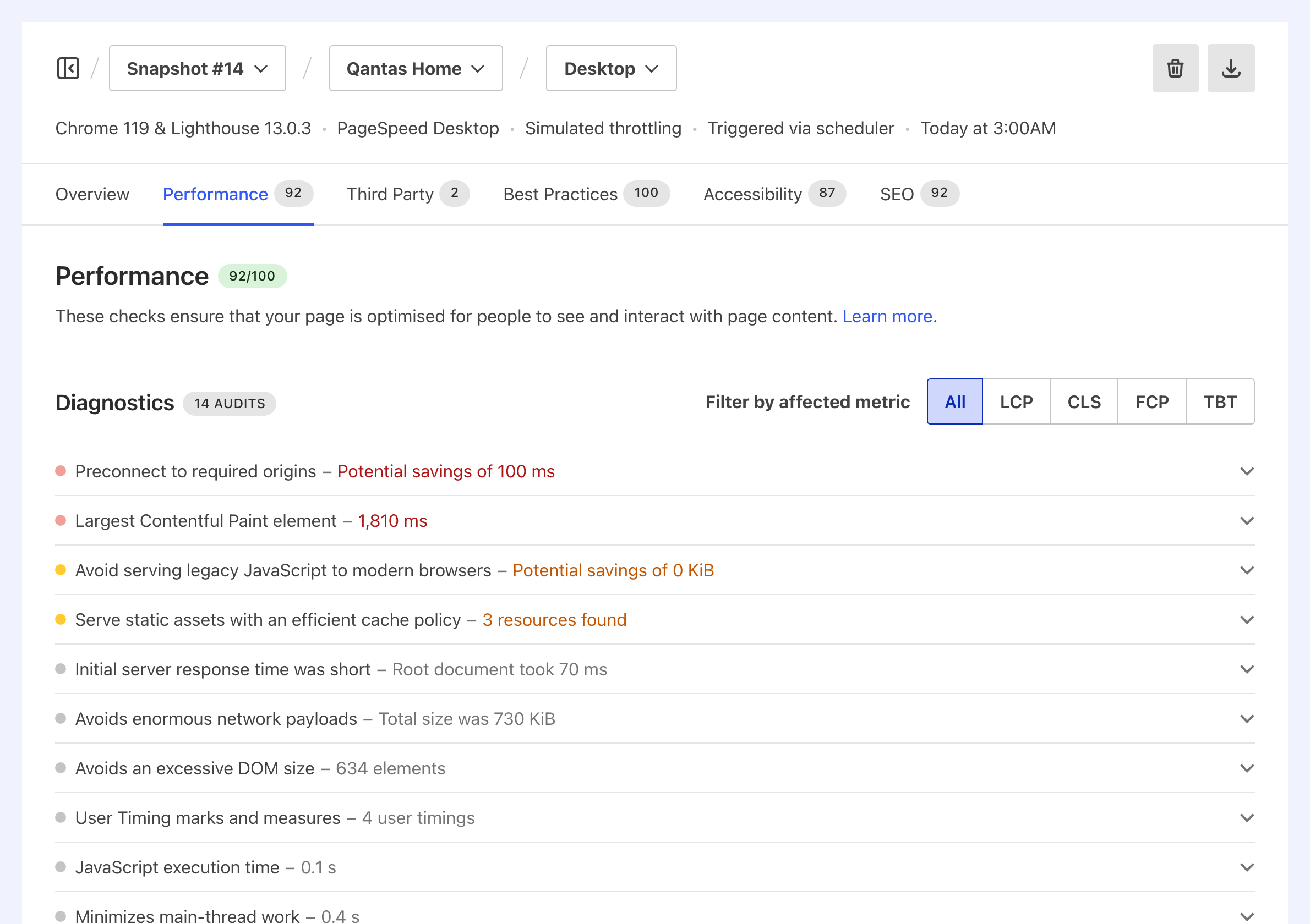 Performance Audits tab for a Snapshot showing a score out of 100 and listing audits in three categories: opportunities, diagnostics and passed audits.