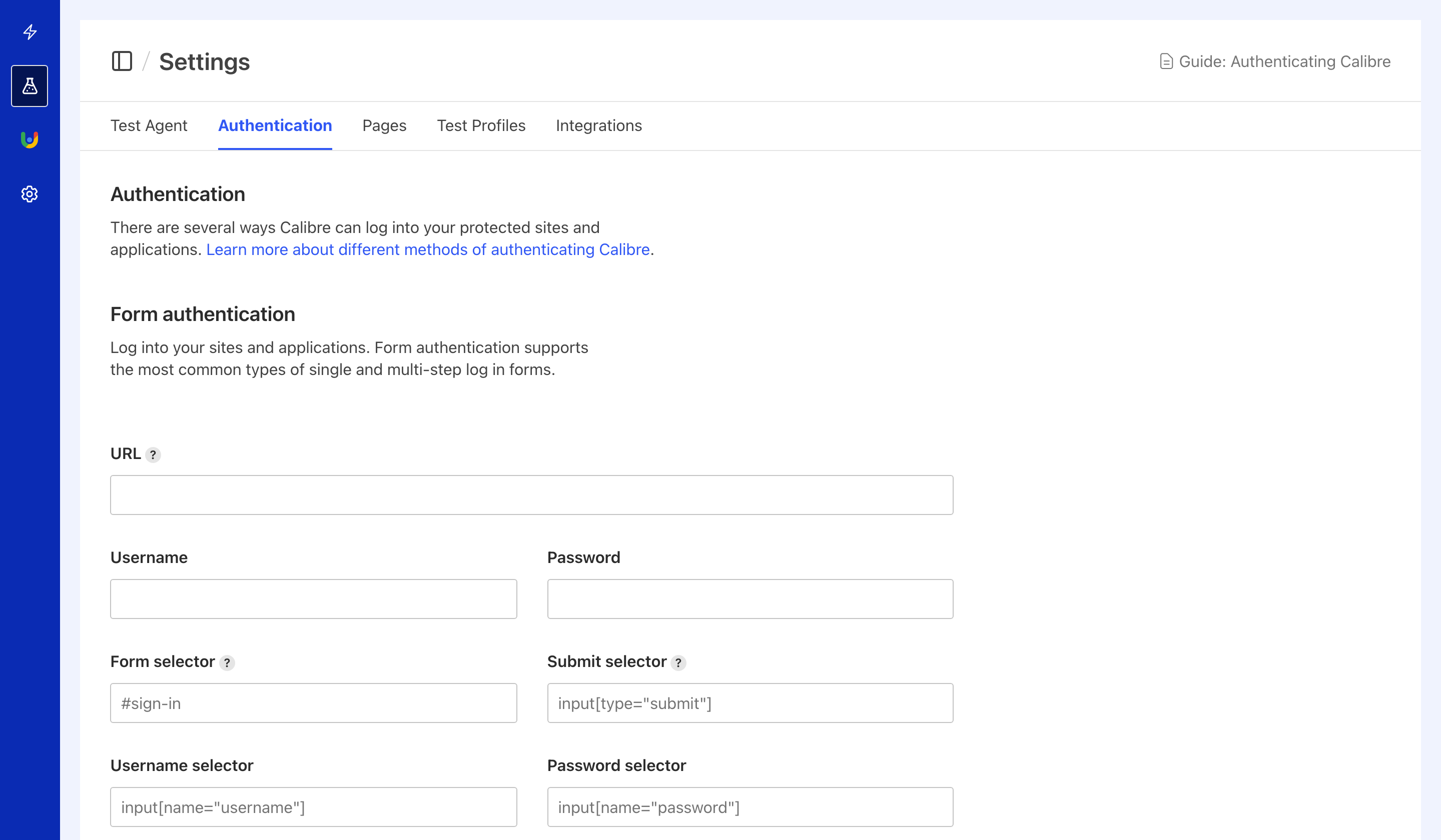 Form authentication configuration showing automated login setup for testing pages behind authentication