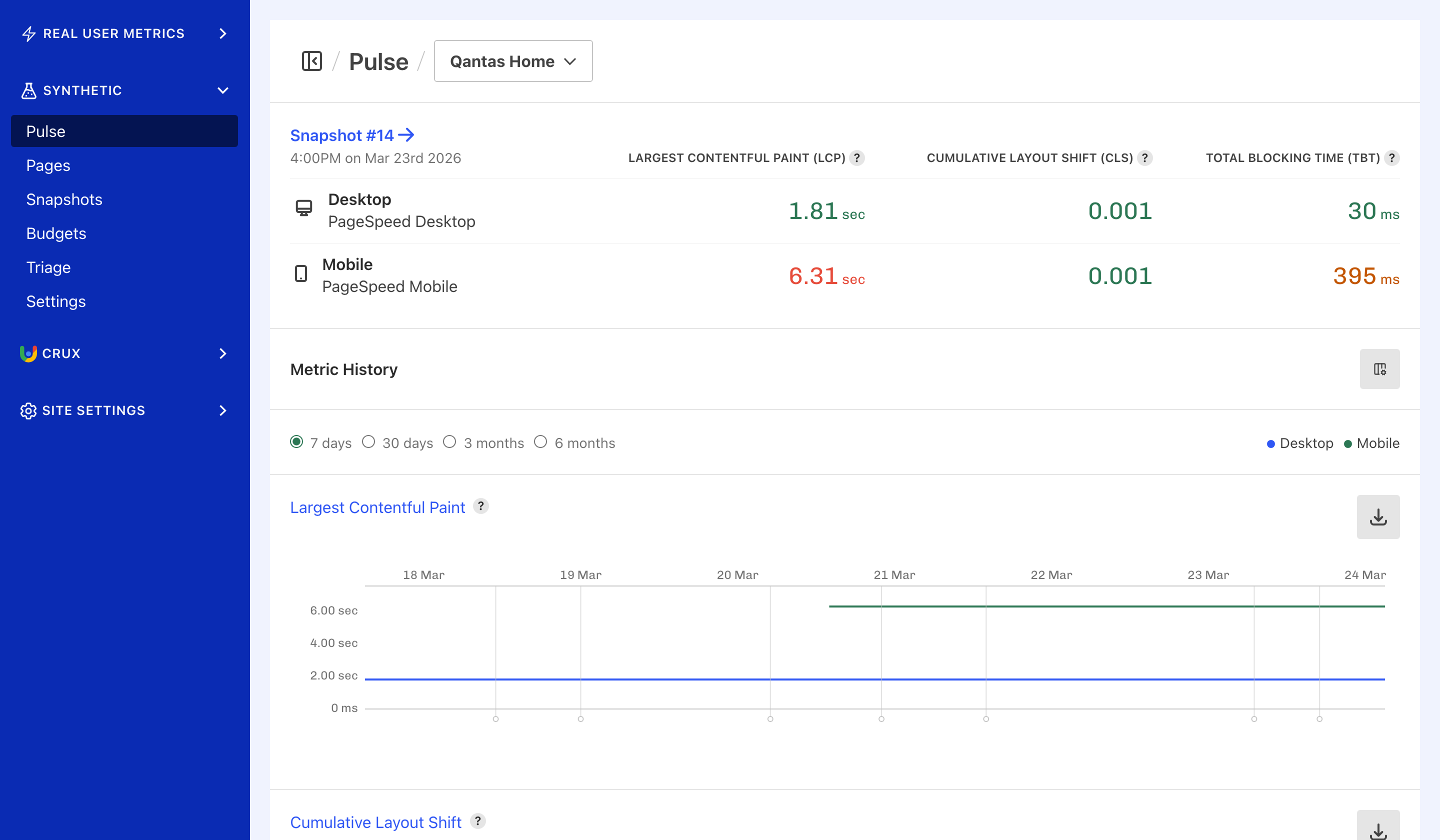 Calibre Pulse dashboard showing Core Web Vitals metric trends over time with deploy markers across test profiles.
