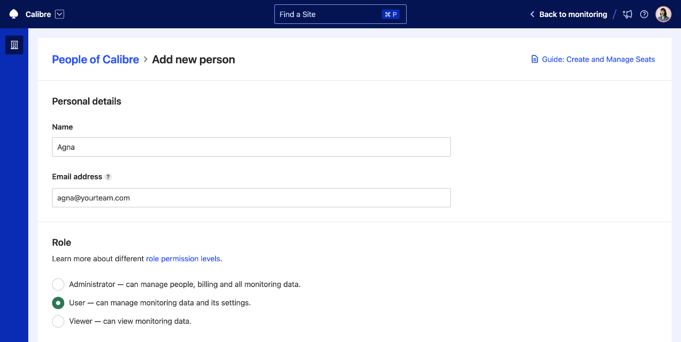 Adding a new person to your Calibre organisation and choosing their permission level