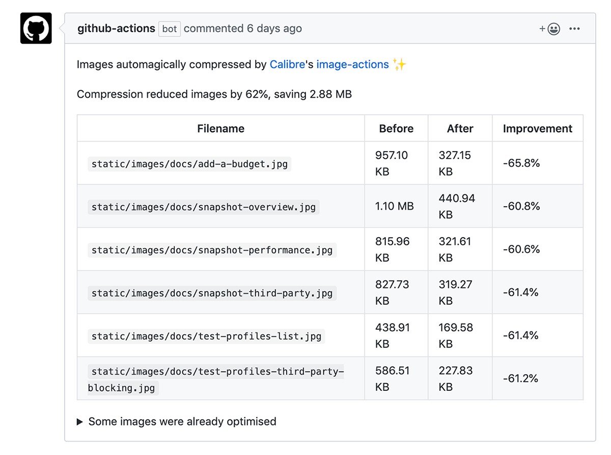 Calibre Image Action compression in Pull Requests showing significant megabyte savings.