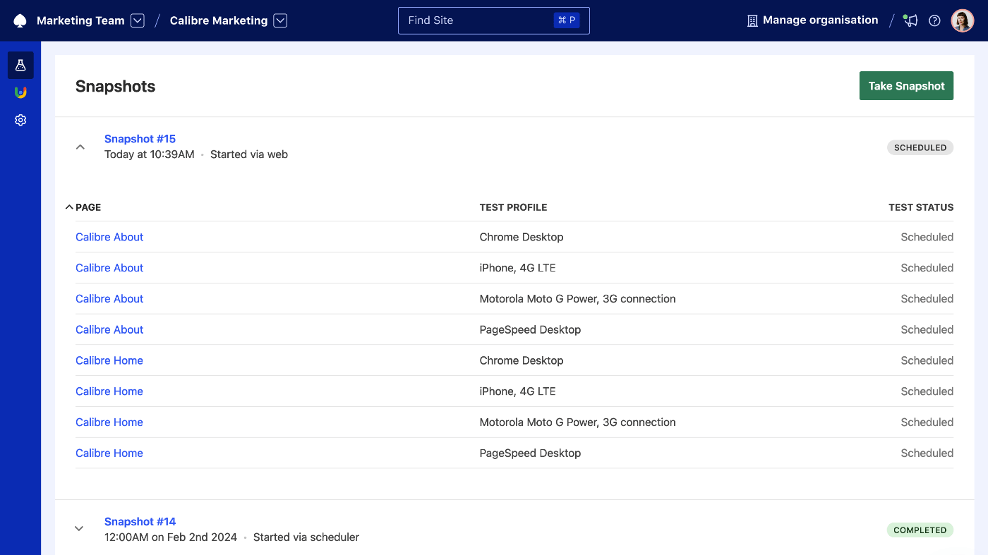 Calibre’s Snapshot view showing a test running across multiple pages and devices with different status, such as testing, verifying or completed.