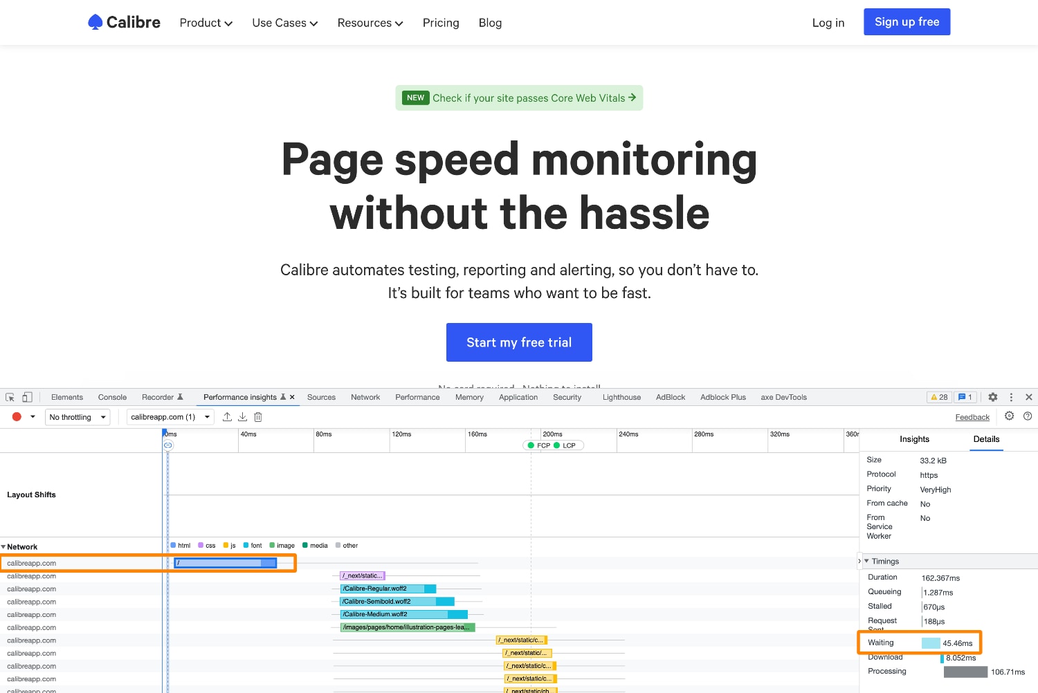 To check TTFB, we can inspect the first HTML request on the Calibre site and check the Waiting timing..