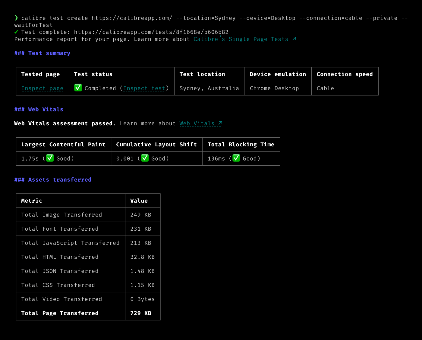 Terminal output of the calibre test create command outlining Core Web Vitals, test status and assets transferred