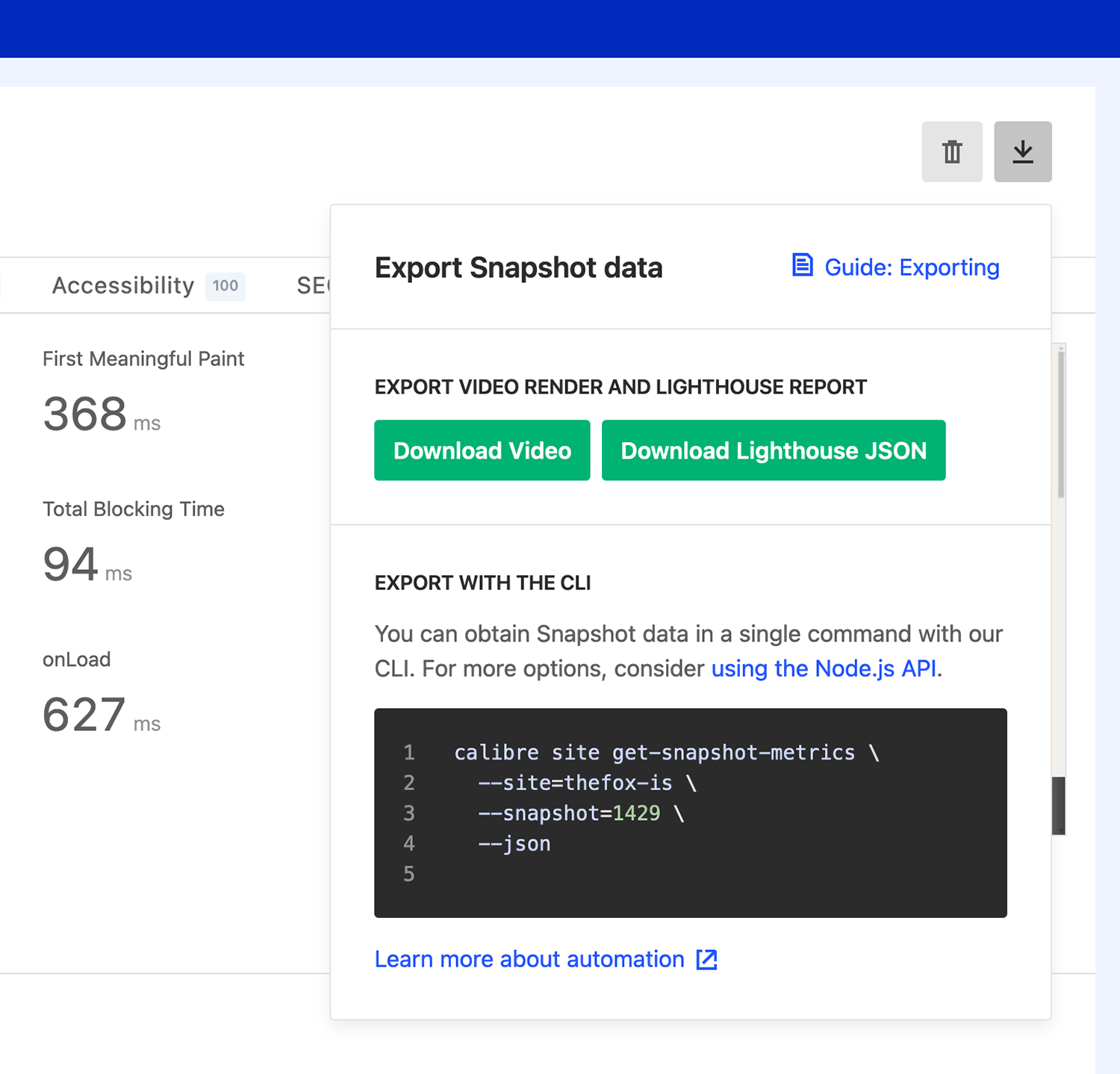 Export widget that allows direct download of the performance data and gives examples on how to use the API.