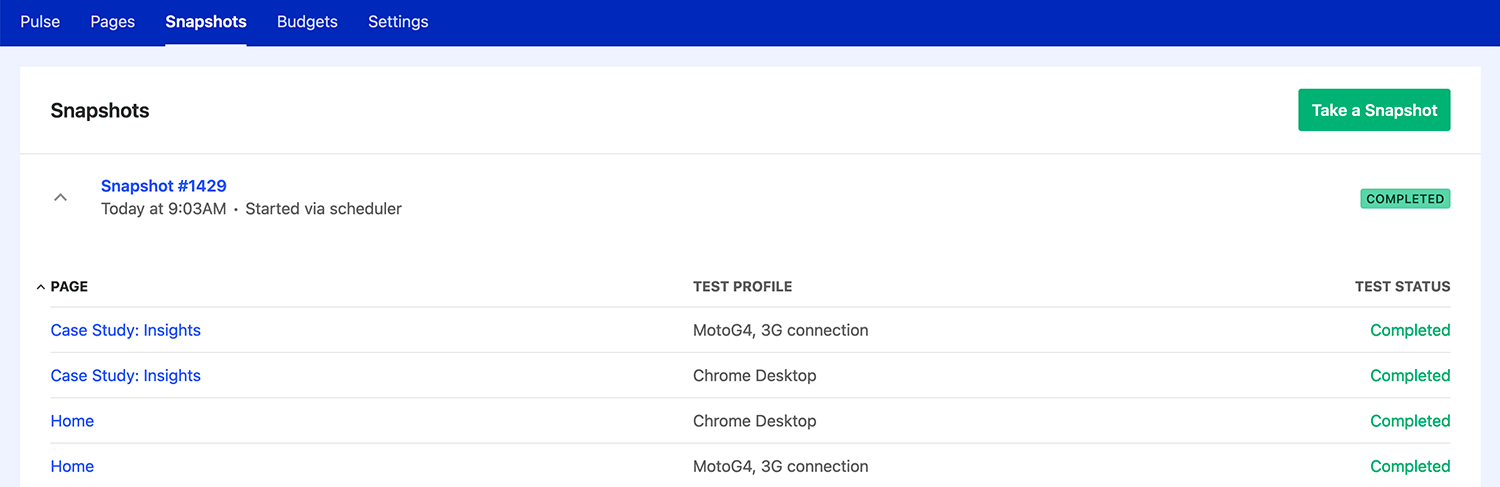 Snapshot Page with all performance tests and their status.