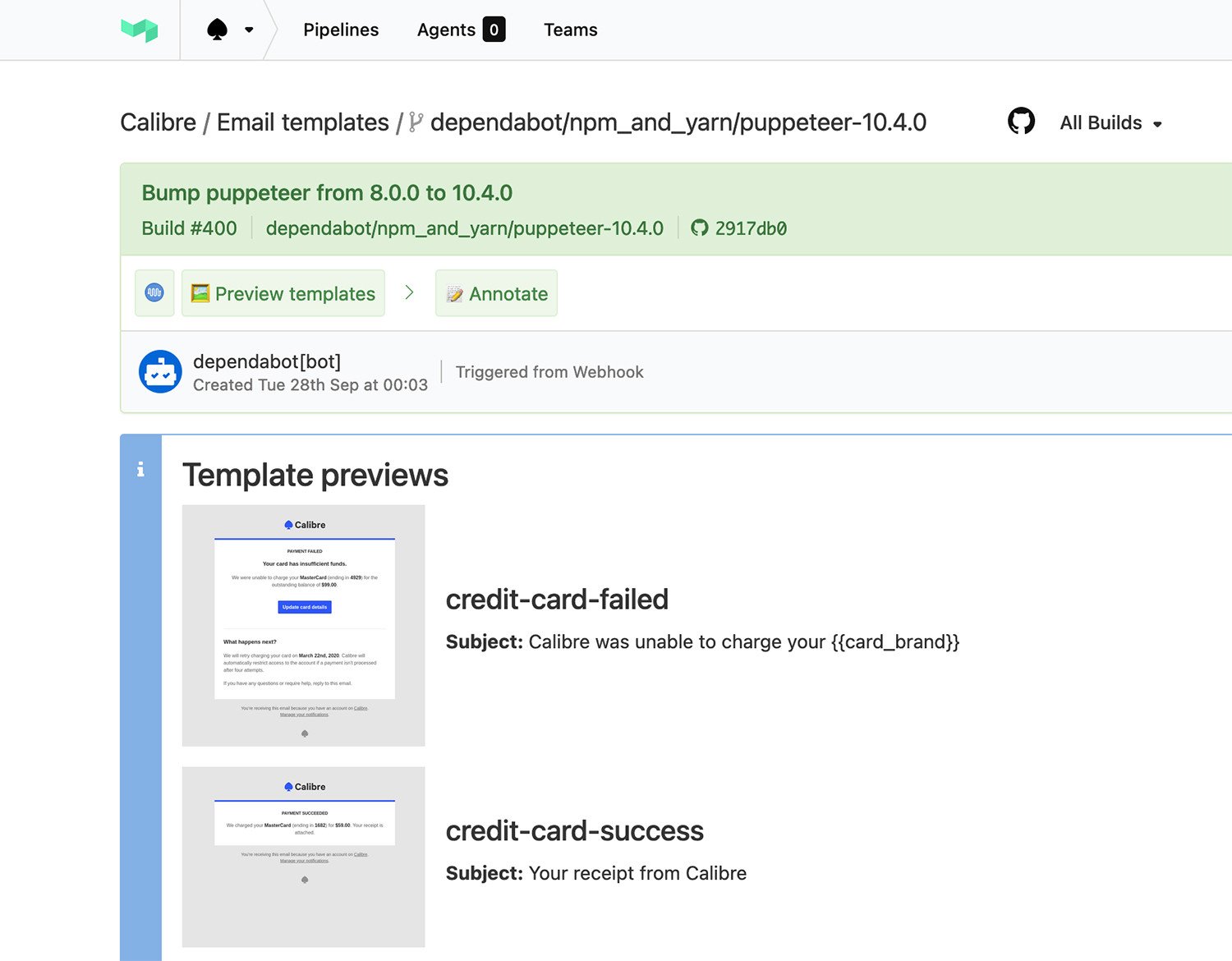 Preview of transactional emails we generate in continuous integration suite.