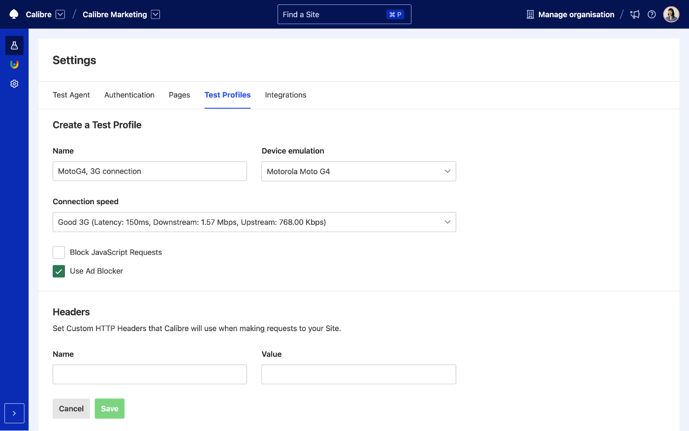 Create Test Profiles for different devices, connection speeds and presets, like blocking JavaScript, selected third parties or ads.