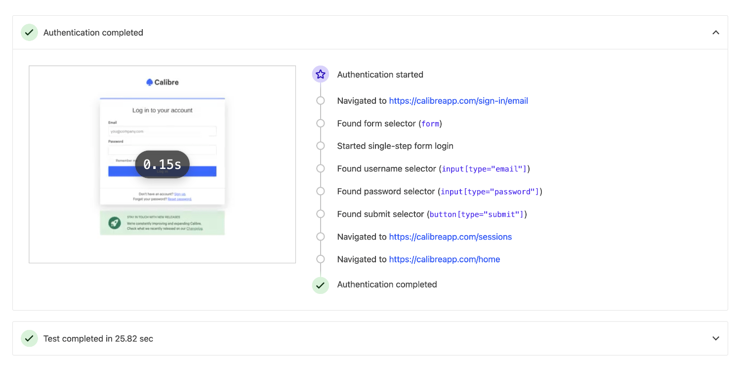 Test log showing a video of Calibre authenticating into Calibre website with associated events