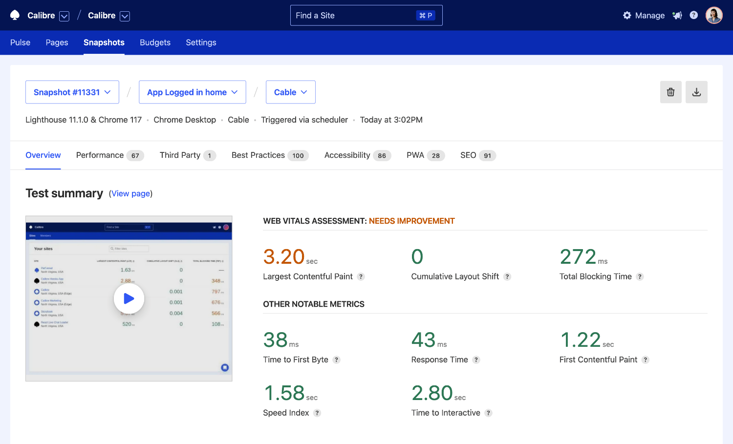 Web Vitals assessment stating 'needs improvement' because of the Largest Contentful Paint metric