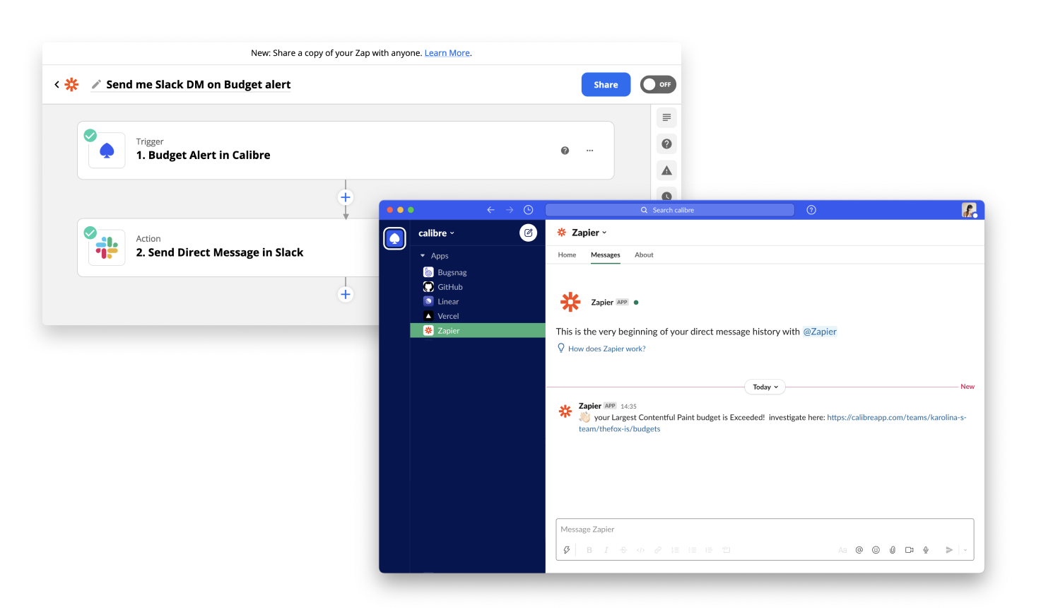 Example of a Zap that sends a custom Slack direct message when a Budget status changes